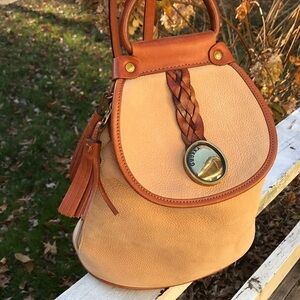 Ghurka Tan Suede Brown Leather Strap Mini Backpack Metal Logo Braided Detail